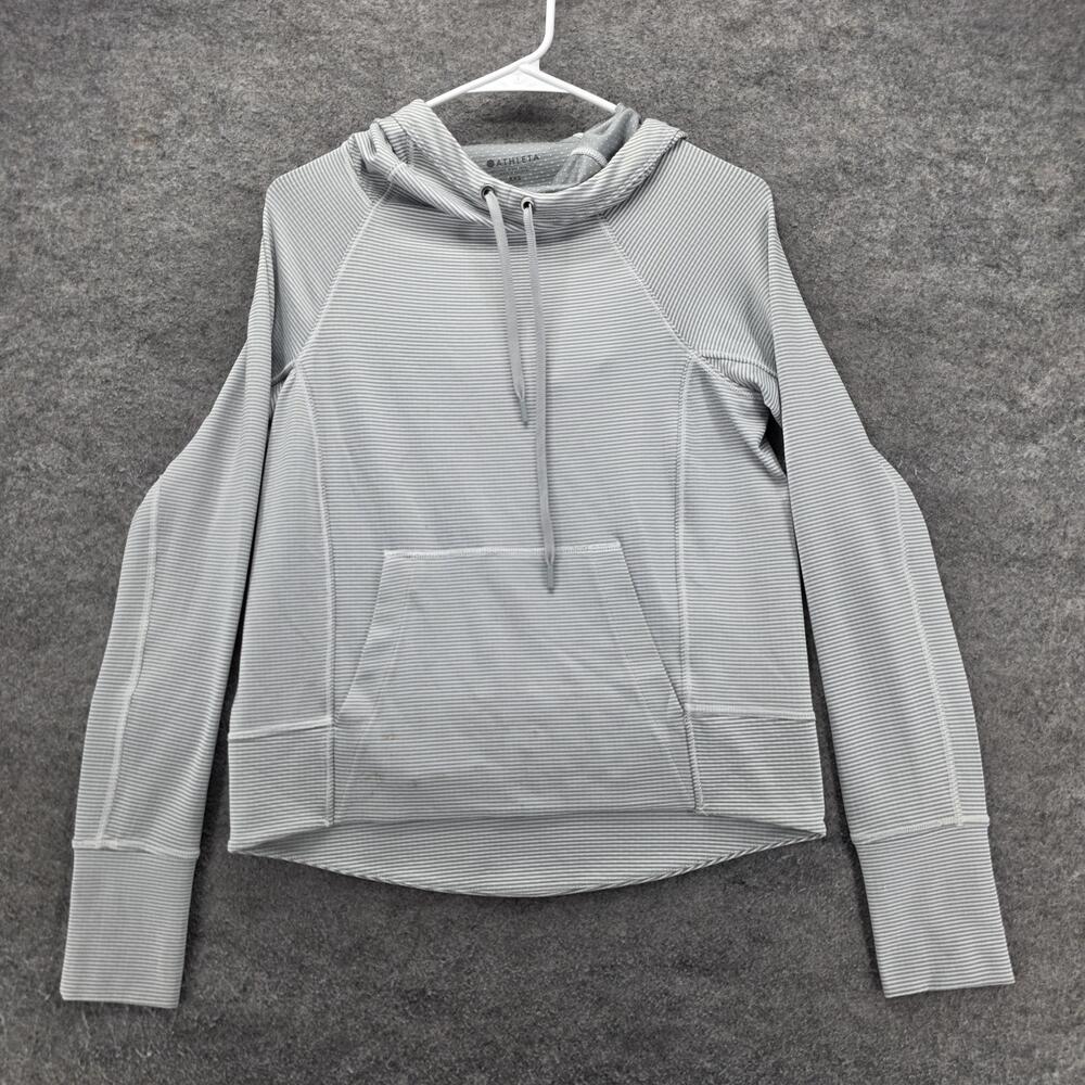 Athleta Hoodie Womens XXS Gray Stripe Pullover Kangaroo Pocket Thumbholes Gym